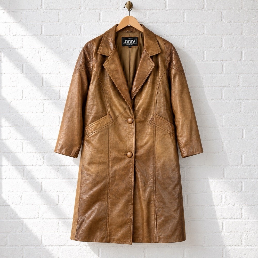 VTG 90s IZZI Camel Brown Leather Trench Coat Duster Jacket Womens M Matrix